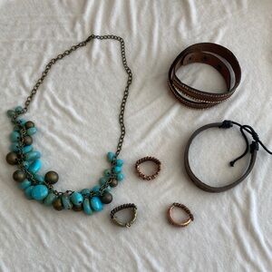Turquoise and Bronze Necklace with Brown Bracelets and rings set